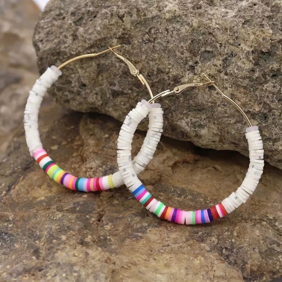 Jewelry - ⚡️2 for $15 Multicolor Round Beaded Hoop Earrings Clay & Zinc Alloy